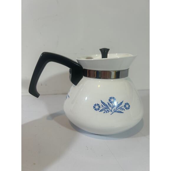 Corning Ware Blue Cornflower Coffee Tea pot kettle w/ Black lid 6 cup P-104 - Picture 5 of 7